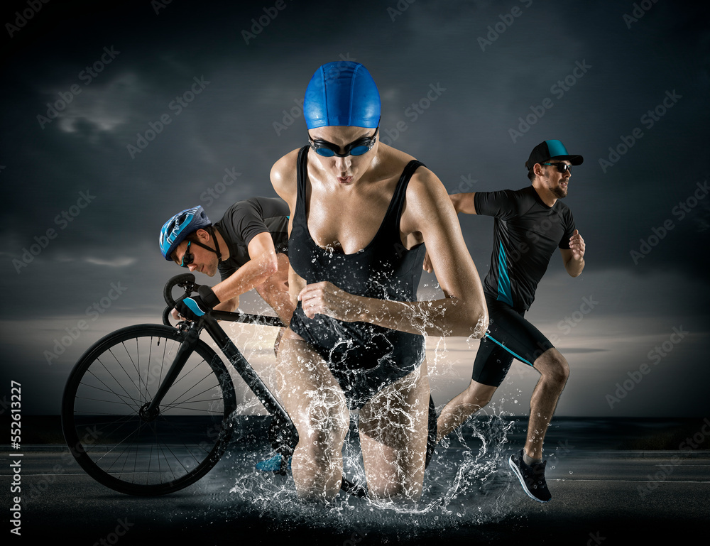 Triathlon sport collage. Man, woman running, swimming, cycling Photos |  Adobe Stock