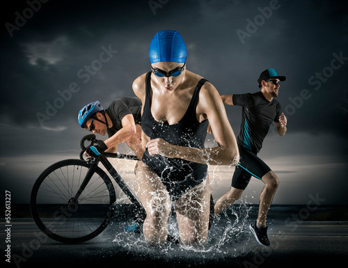 Fotografie Triathlon sport collage. Man, woman running, swimming, cycling