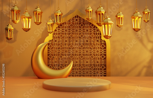 Islamic display podium decoration background. Concept of islamic celebration ramadan kareem or eid al fitr adha Eid Mubarak with podium, 3D illustration.
