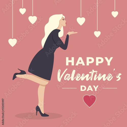 Woman sending kisses, banner of love declaration and valentine’s day, flyer, social media, poster and invitation