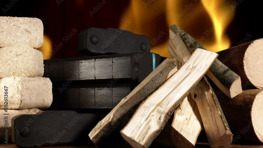Fireplace with Firewood, Coal and Sawdust Briquettes Compressed Wood