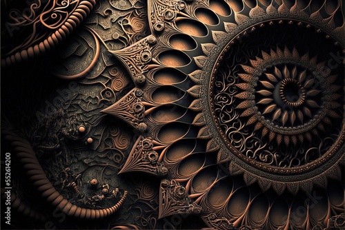  a computer generated image of a spiral design in gold and black colors with a black background and a black background. Generative AI