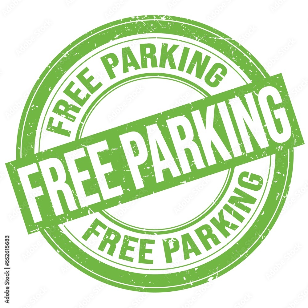FREE PARKING text written on green round stamp sign FREE PARKING text written on green round stamp sign