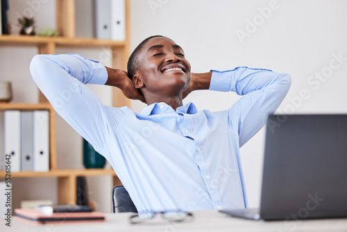Success, relax or businessman in office building with peace, freedom or calm on work break with sales goals done. Thinking, dreaming or happy black man resting or relaxing with pride from job target