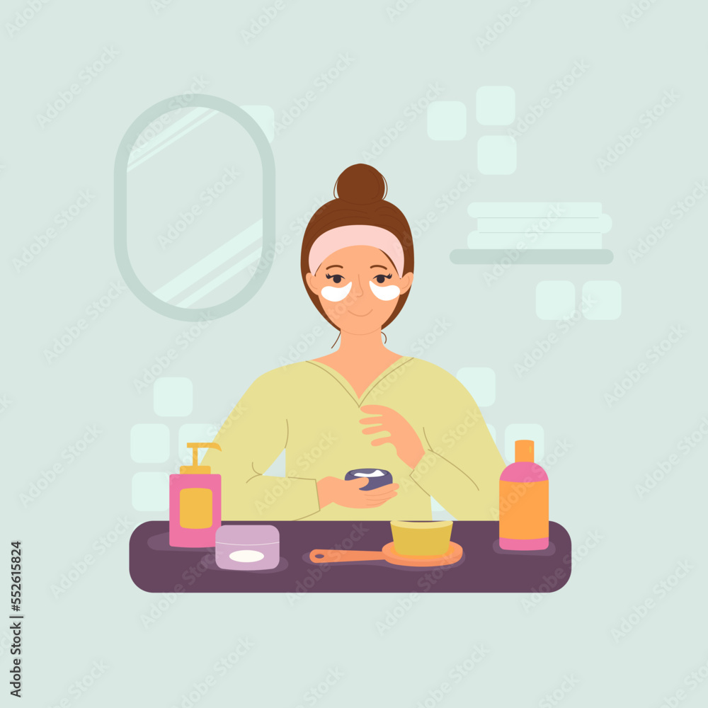 A woman in the bathroom applies patches under the eyes. Vector A woman in the bathroom applies patches under the eyes. Vector