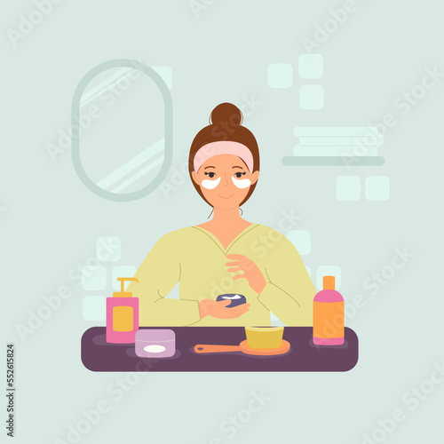 A woman in the bathroom applies patches under the eyes. Vector