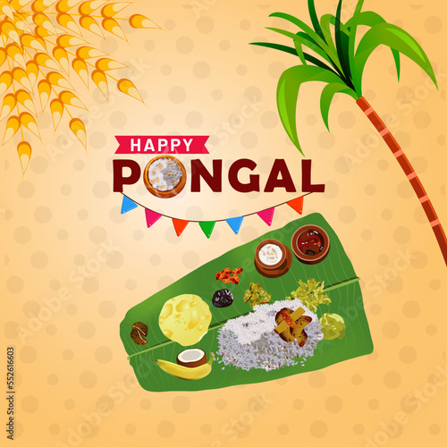 Happy Pongal south Indian harvest festival celebration light color background with sugarcane and food.