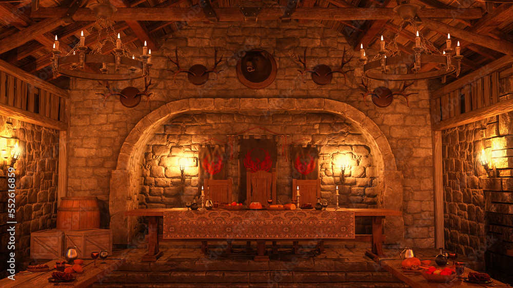 Kings table with food and candles in a medieval dining hall. 3D