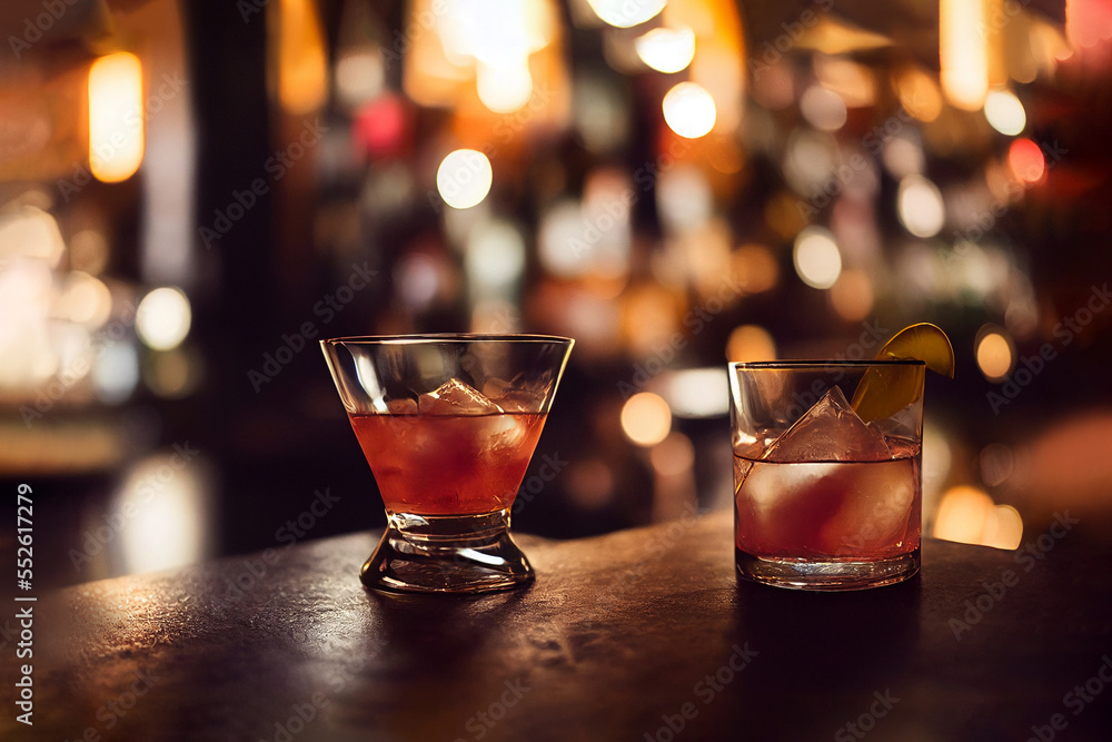 Fototapeta premium Two glasses of whiskey in an elegant bar. Enjoy the dim lights at night time.
