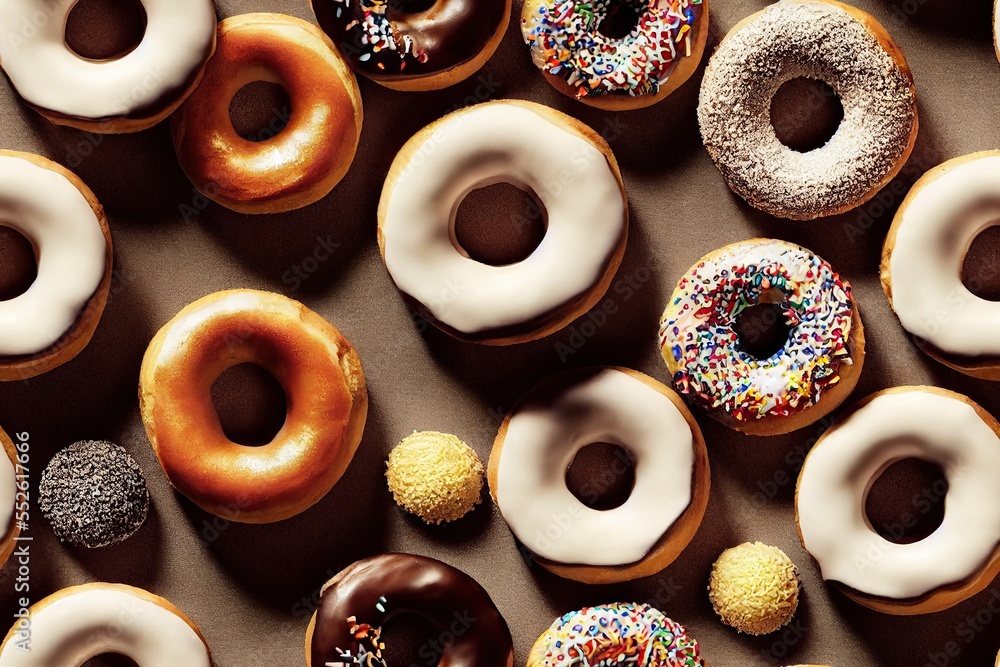 An assortment of different appetizing doughnuts covered with glaze and colorful sprinkles. seamless dessert texture An assortment of different appetizing doughnuts covered with glaze and colorful sprinkles. seamless dessert texture