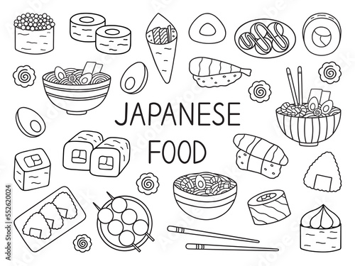 Japanese food doodle set. Asian cuisine. Ramen, sushi, onigiri, dango in sketch style. Hand drawn vector illustration isolated on white background