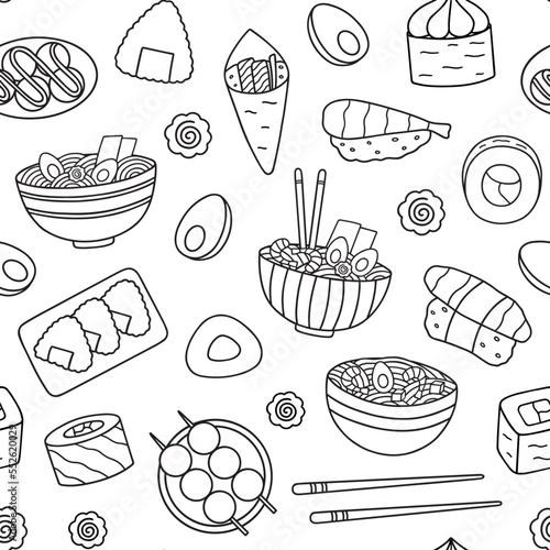 Seamless pattern of Japanese food doodle. Asian cuisine. Ramen, sushi, onigiri, dango in sketch style. Hand drawn vector illustration
