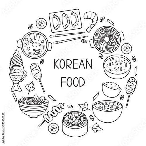 Korean food doodle set. Asian cuisine. Bibimbap, mandu, ramyeon in sketch style. Hand drawn vector illustration isolated on white background