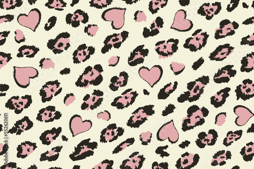 Abstract leopard seamless pattern with black spots and pink hearts on a white background. Trendy concept Love and animal skin background.