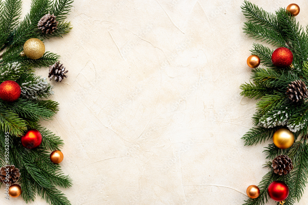 Festive Christmas background with fir branches and decoration. Greeting card background Festive Christmas background with fir branches and decoration. Greeting card background