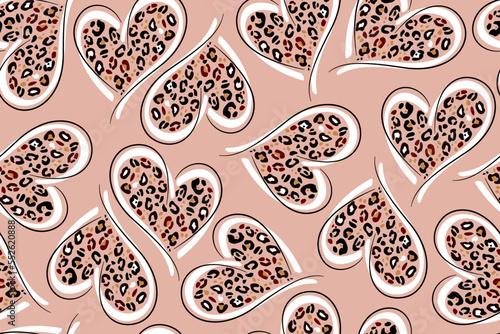 Heart signs seamless pattern and stylized leopard pattern inside the heart. Pink concept background Love, beauty, fashion. One continuous line drawing and spots of animal skin.