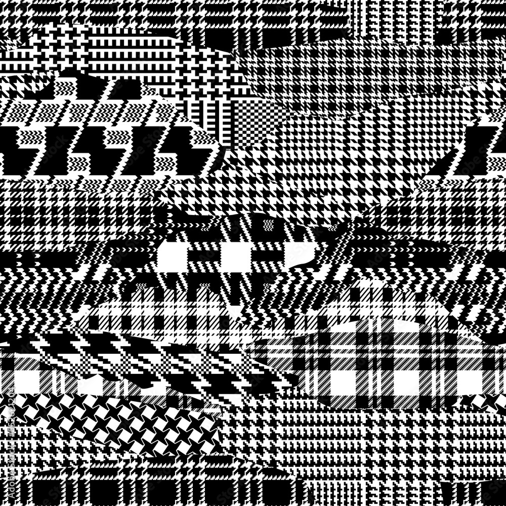 Tartan houndstooth plaid jacquard fabric patchwork abstract vector seamless pattern in black and white - obrazy, fototapety, plakaty 