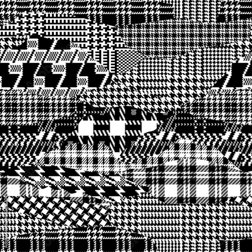 Tartan houndstooth plaid jacquard fabric patchwork abstract vector seamless pattern in black and white