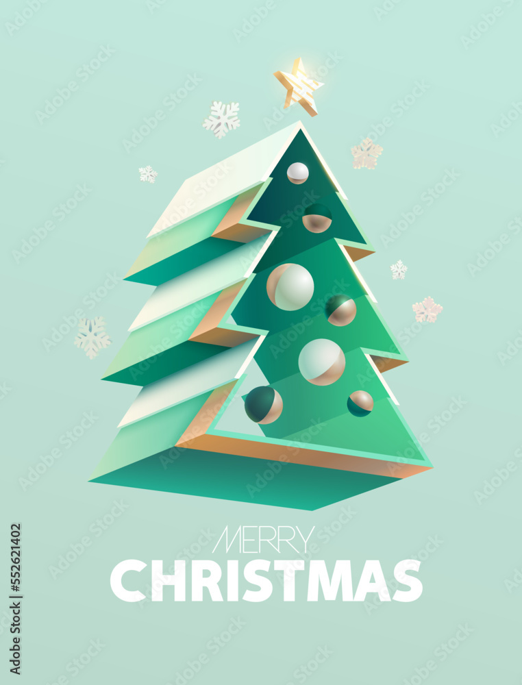 3D minimalistic Christmas tree with decoration. New year greeting card design. 3D minimalistic Christmas tree with decoration. New year greeting card design.