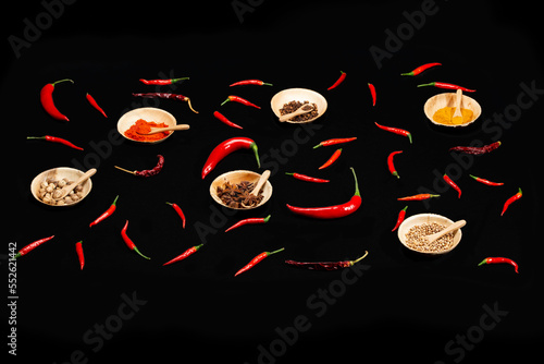 Red chili pepper with spices on a black background.