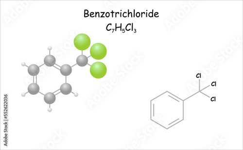 Stylized molecule model/structural formula of benzotrichloride.
