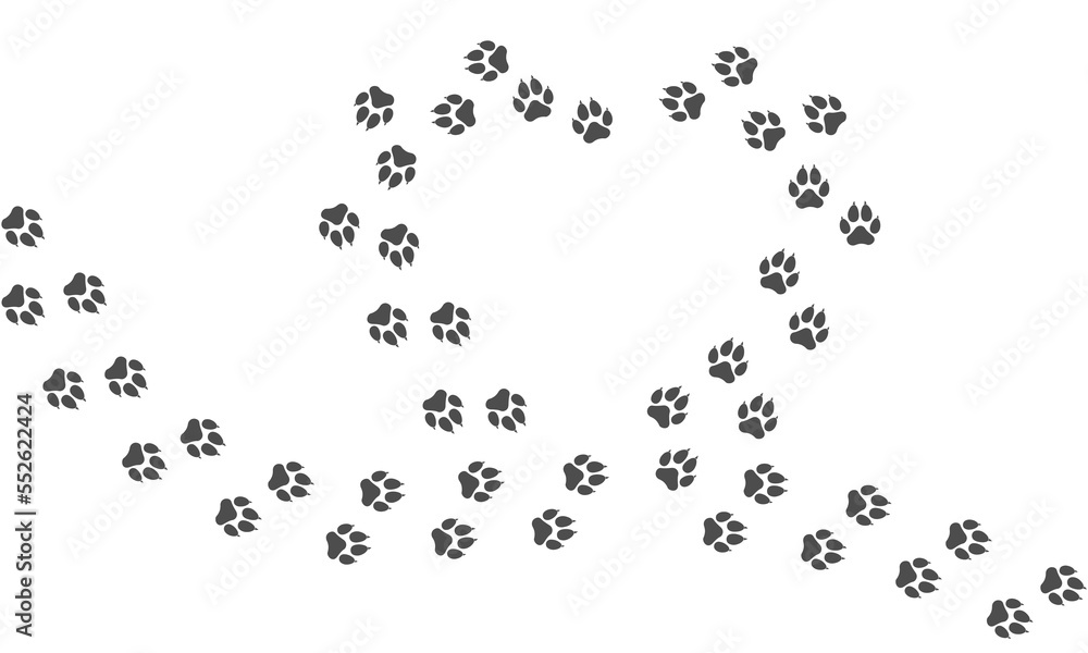 Paw vector trail print of dog isolated on white background. Heart silhouette. Dog or puppy silhouette animal tracks. Paw Print. Vector illustration. EPS10.