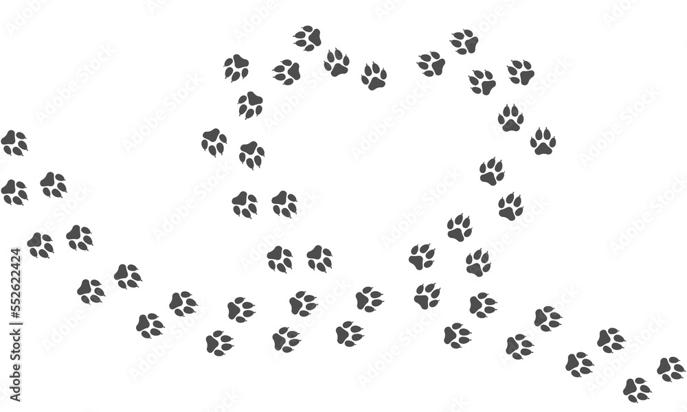 Paw vector trail print of dog isolated on white background. Heart silhouette. Dog or puppy silhouette animal tracks. Paw Print. Vector illustration. EPS10. Paw vector trail print of dog isolated on white background. Heart silhouette. Dog or puppy silhouette animal tracks. Paw Print. Vector illustration. EPS10.