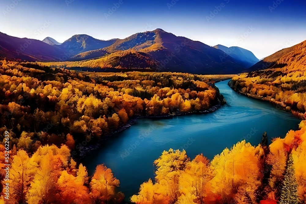landscape with lake and mountains. Autumn season view