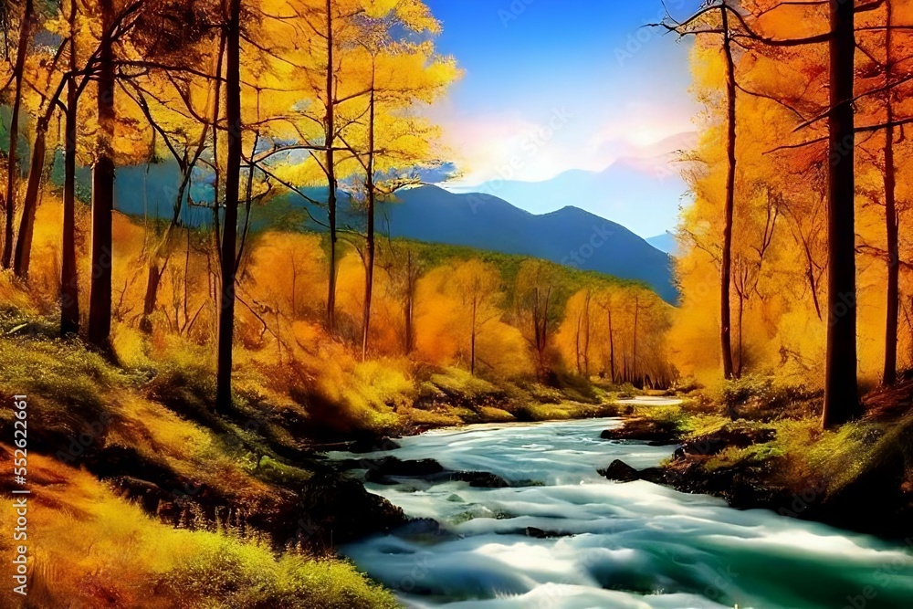 Autumn landscape in the mountains, beautiful sky and calm river