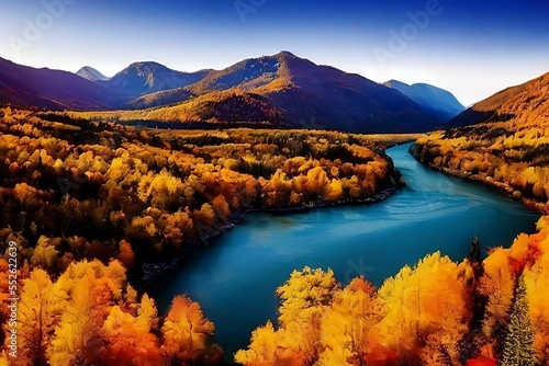 landscape with lake and mountains. Autumn season view