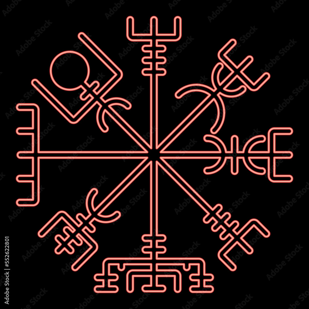 Neon vegvisir runic compass galdrastav Navigation compass symbol red color vector illustration image flat style