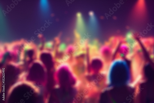 Blurred background revelry shindig. Night party with people are having fun in colorful spotlight at a nightclub
