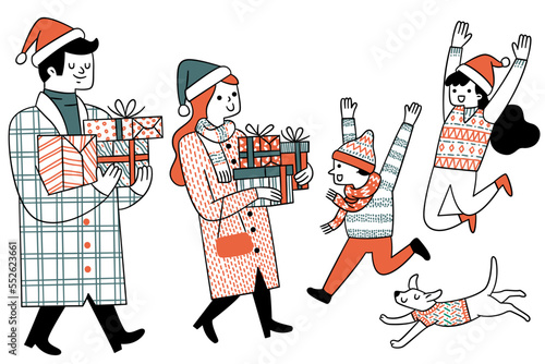 Cute character doodle illustration fo parents, mother and father, bring Christmas gift box home and children enjoy and jumping. Outline, linear, thin line art. Hand drawn sketch.