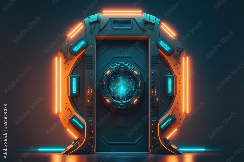Naklejka premium High tech fantasy round portal neon light, illumination entrance, galaxy doors, appliances, cyberpunk. Abstract neon background, portal, entrance, sections and light reflection. AI