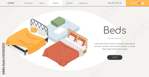 Cozy beds - line design style isometric web banner