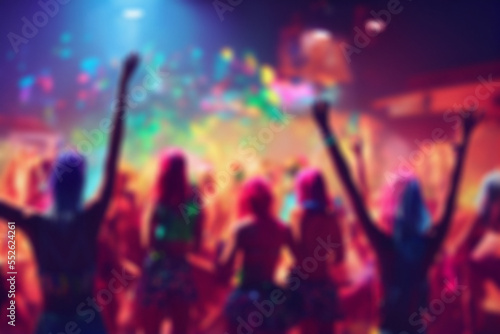 Blurred background revelry shindig. Night party with people are having fun in the rainbow spotlight at a nightclub 