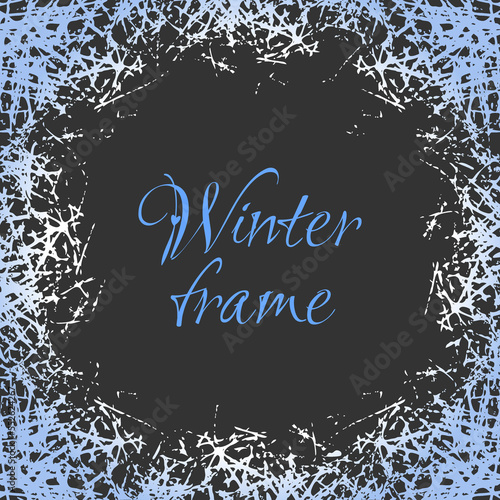 Ice crystals frame. Vector design border with frosted patterns on freeze winter window. Winter holiday background