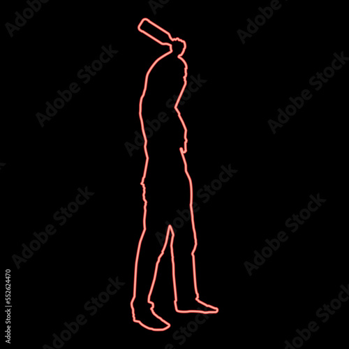 Neon man with bandana on his face that hides his identity and bottle in hand Concept of rebellion Concept protest and danger red color vector illustration image flat style