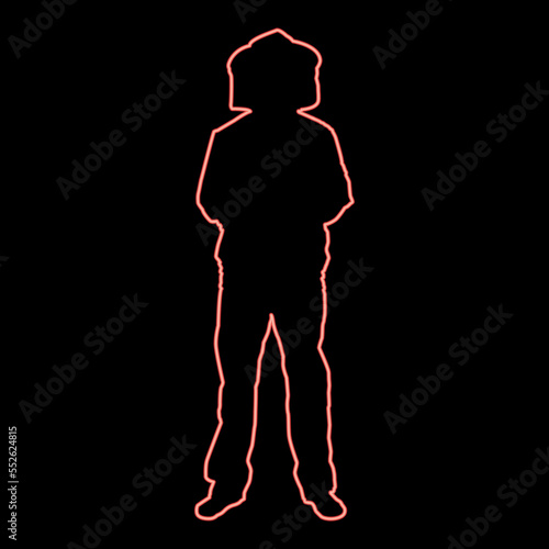 Neon beekeeper in protective outfit clothing with hat with grid of bee stings collects honey Beekeeper beemaster apiarist in apiary View front red color vector illustration image flat style