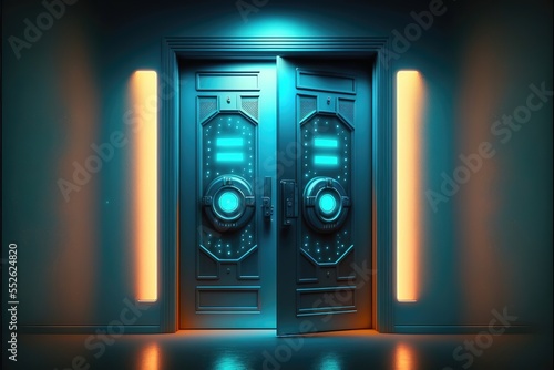 Intergalactic high-tech doors with instruments, display and neon light. Abstract room with doors, spaceship, scientific station, throughput entrance. AI