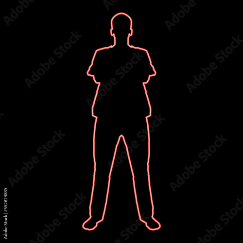 Neon man standing with hands crossed Dentist surgeon in medical clothes with folded hands on his chest Concept of the end of surgery operation Front view red color vector illustration image flat style