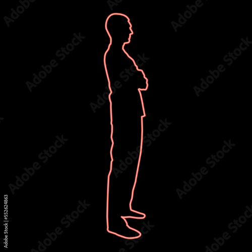 Neon man standing with hands crossed Dentist surgeon in medical clothes with folded hands on his chest Concept of the end of surgery operation Side view red color vector illustration image flat style