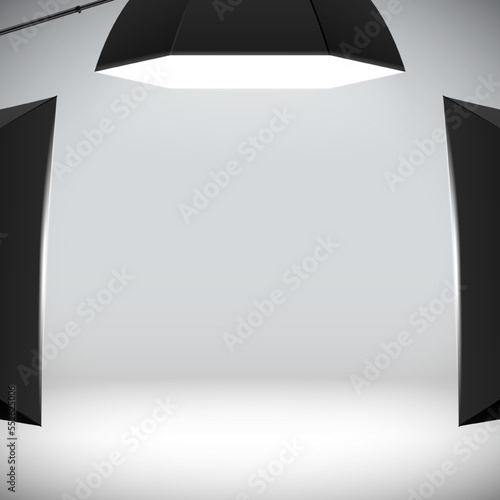 Photo studio white background with soft boxes. Professional photo shooting setup with studio lights, realistic vector mockup.