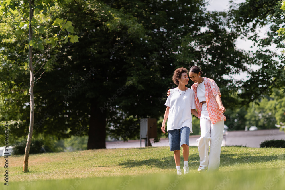 full length of joyful african american woman hugging lesbian partner and walking in green park. full length of joyful african american woman hugging lesbian partner and walking in green park.