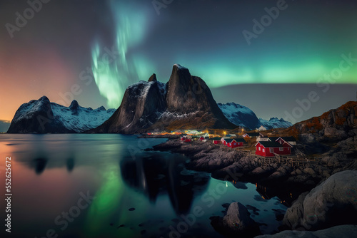 Generative AI : Aurora borealis over Hamnoy in Norway. 