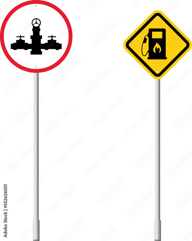 Gas station sign vector illustration. Warning symbol. Gas station warning road sign. Gas station sign vector illustration. Warning symbol. Gas station warning road sign.