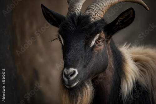 The soft brown and black hair of a billy goat makes up a stunning face. Generative AI