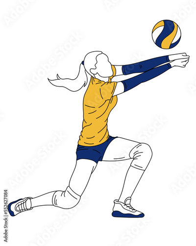 Female sportsman, volleyball player in motion, kicking ball over white background. Vector illustration. Hobby