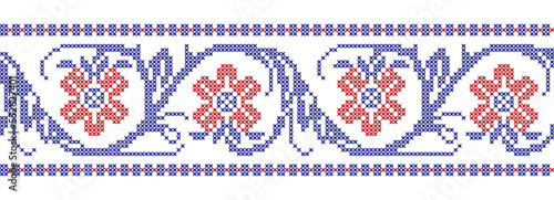 Cross-embroidered border pattern with flowers