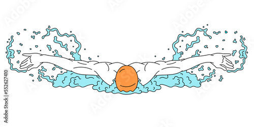 Vector illustration. Sportive athlete swimming over white background. Butterfly techniques